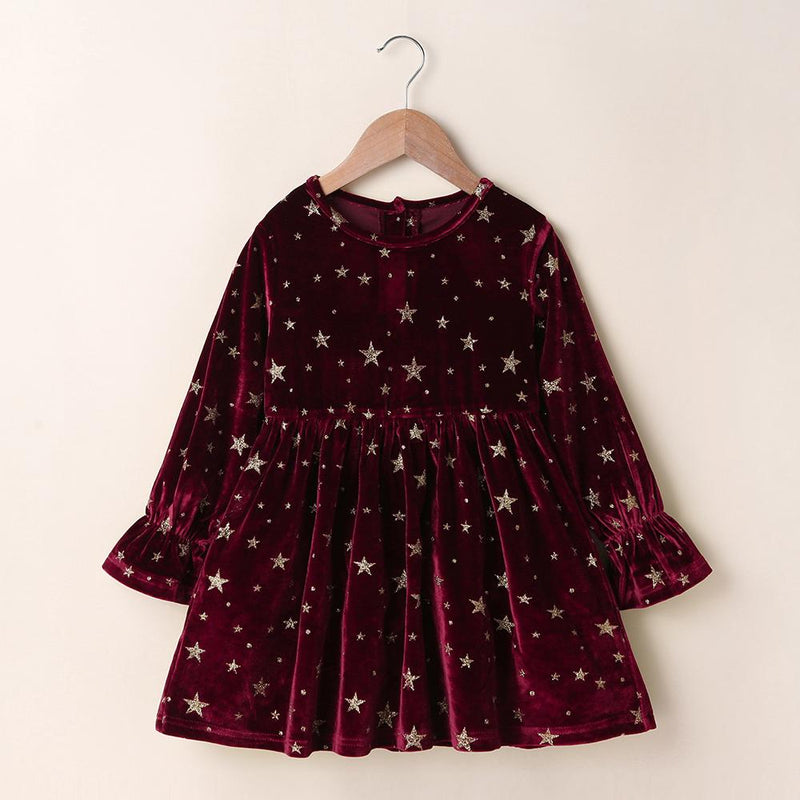 Girls Printed Star Long Sleeve Round Neck Dress Girls Clothing Wholesale - PrettyKid