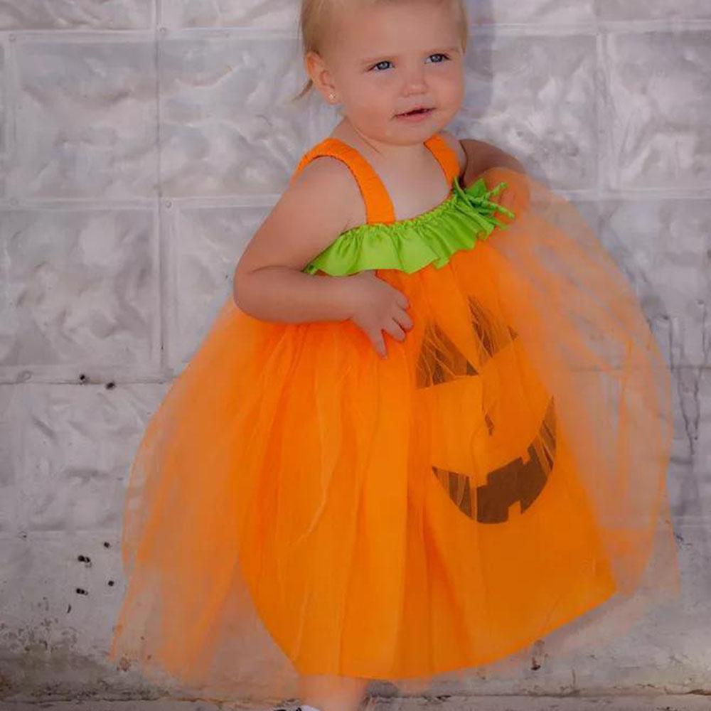 Girls Pumpkin Halloween Print Mesh Dress - PrettyKid