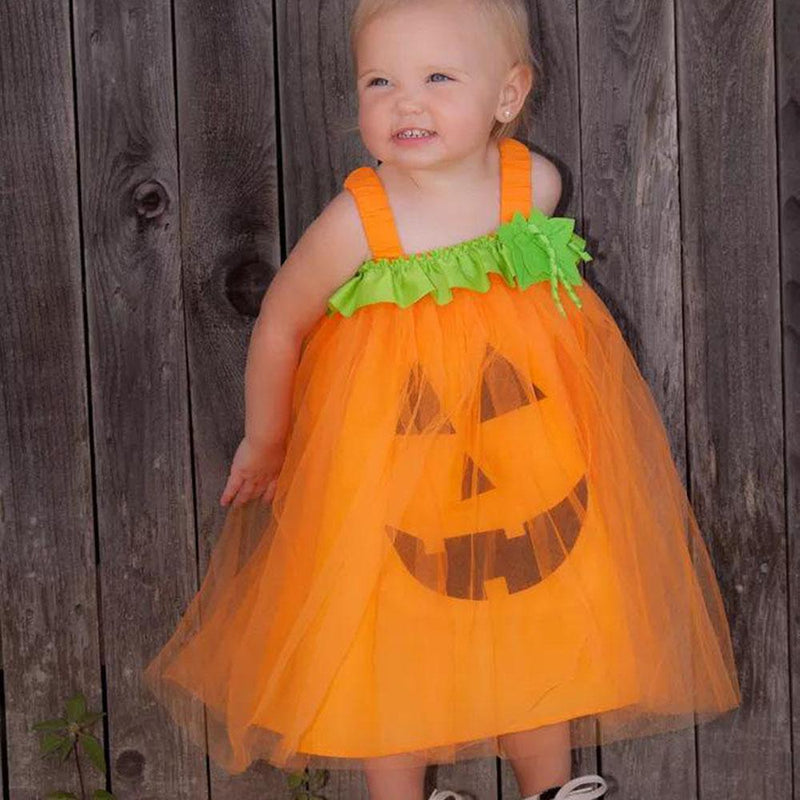 Girls Pumpkin Halloween Print Mesh Dress - PrettyKid