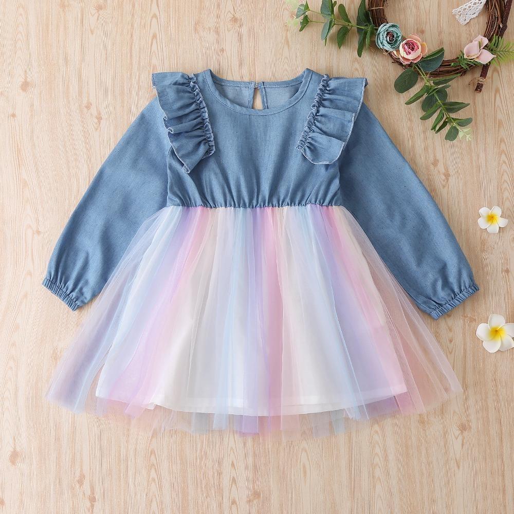 Girls Long Sleeve Rainbow Mesh Dress Wholesale Little Girl Dresses - PrettyKid