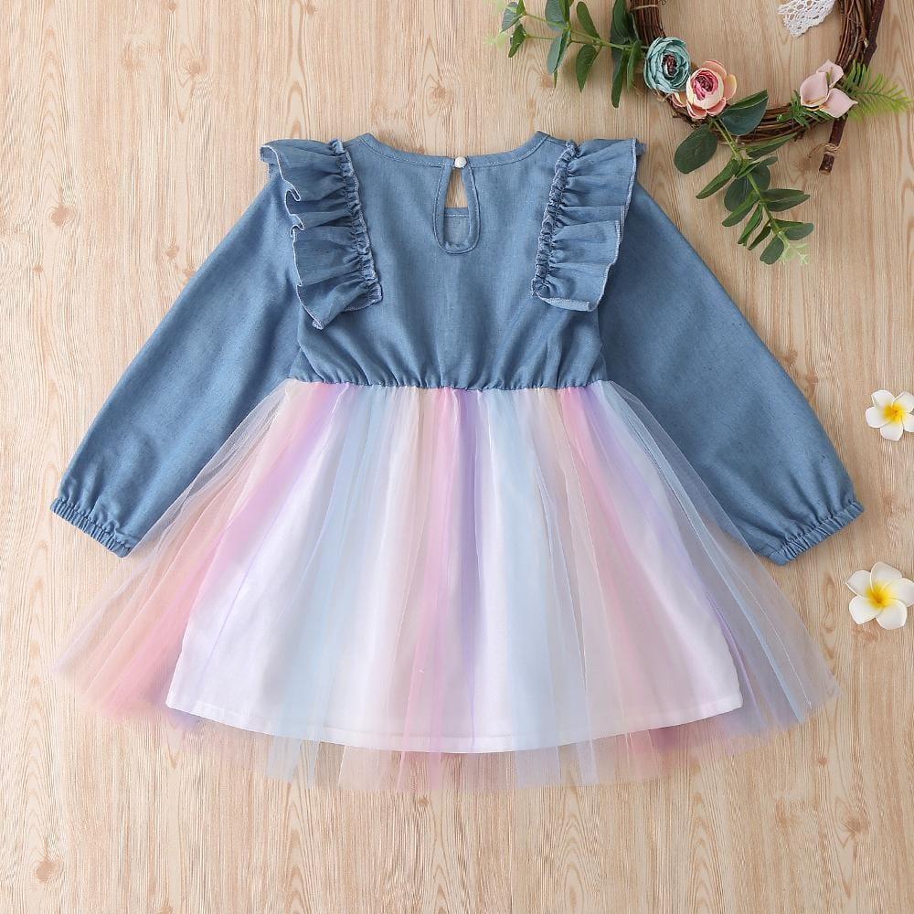 Girls Long Sleeve Rainbow Mesh Dress Wholesale Little Girl Dresses - PrettyKid