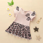 Baby Girls Ruffled Striped Leopard Bow Decor Short Sleeve Dress Wholesale Baby Boutique Items - PrettyKid
