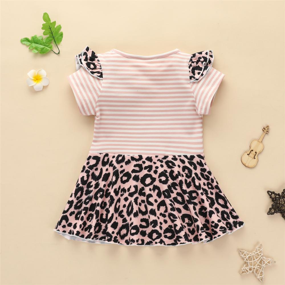 Baby Girls Ruffled Striped Leopard Bow Decor Short Sleeve Dress Wholesale Baby Boutique Items - PrettyKid