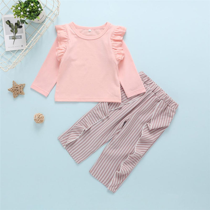 Girls Solid Round Neck Tops&Striped Pants Wholesale Little Girls Clothes - PrettyKid