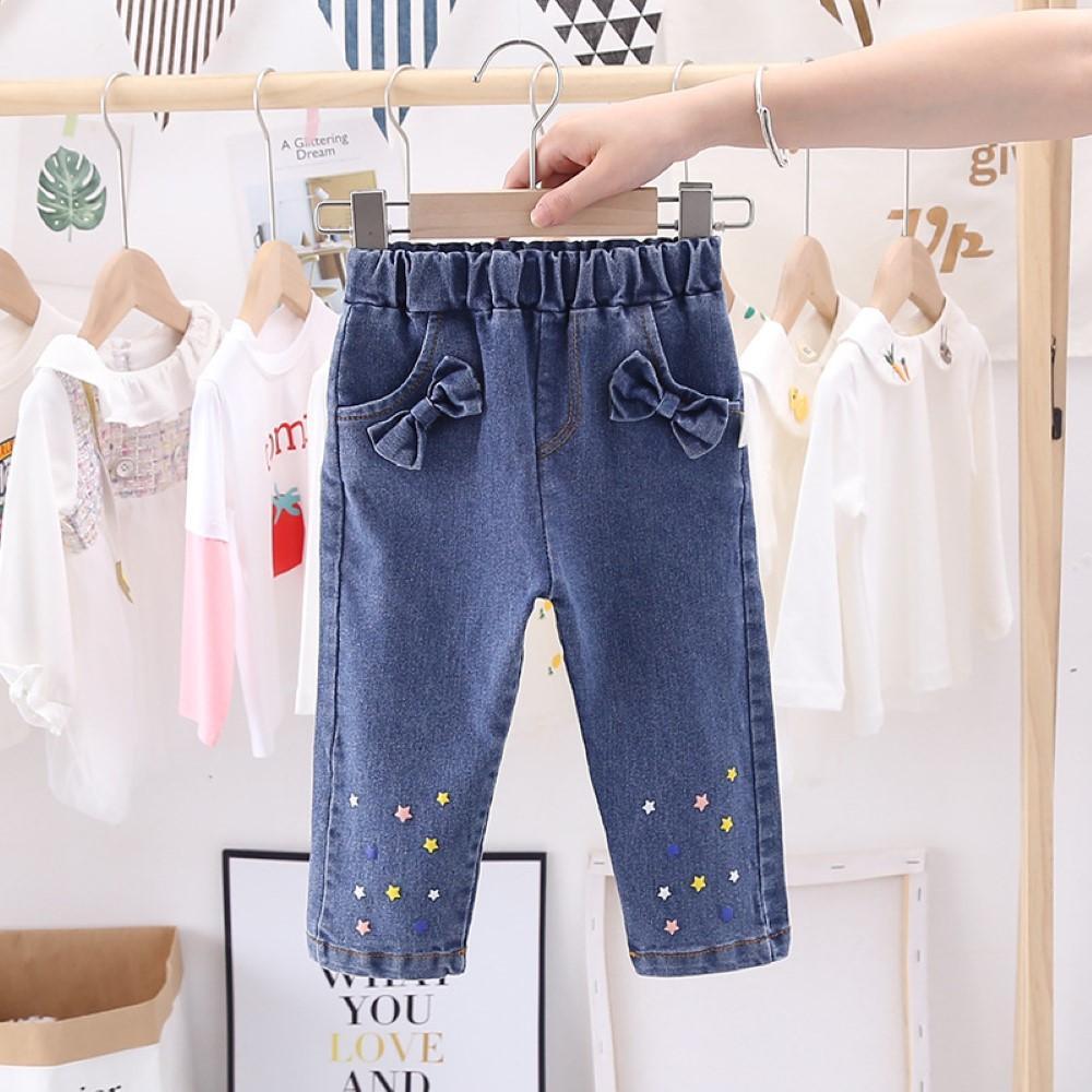 Girls Star Printed Bow Decor Denim Wholesale Clothing For Girls - PrettyKid