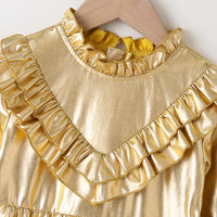 Girls Golden Long Sleeve Solid Color Pleated Dress Wholesale Girl Boutique Clothing - PrettyKid