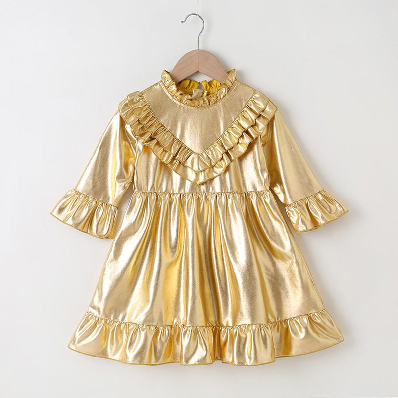 Girls Golden Long Sleeve Solid Color Pleated Dress Wholesale Girl Boutique Clothing - PrettyKid