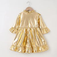 Girls Golden Long Sleeve Solid Color Pleated Dress Wholesale Girl Boutique Clothing - PrettyKid