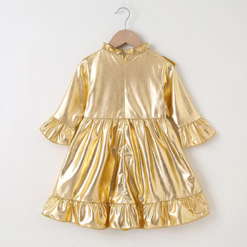 Girls Golden Long Sleeve Solid Color Pleated Dress Wholesale Girl Boutique Clothing - PrettyKid