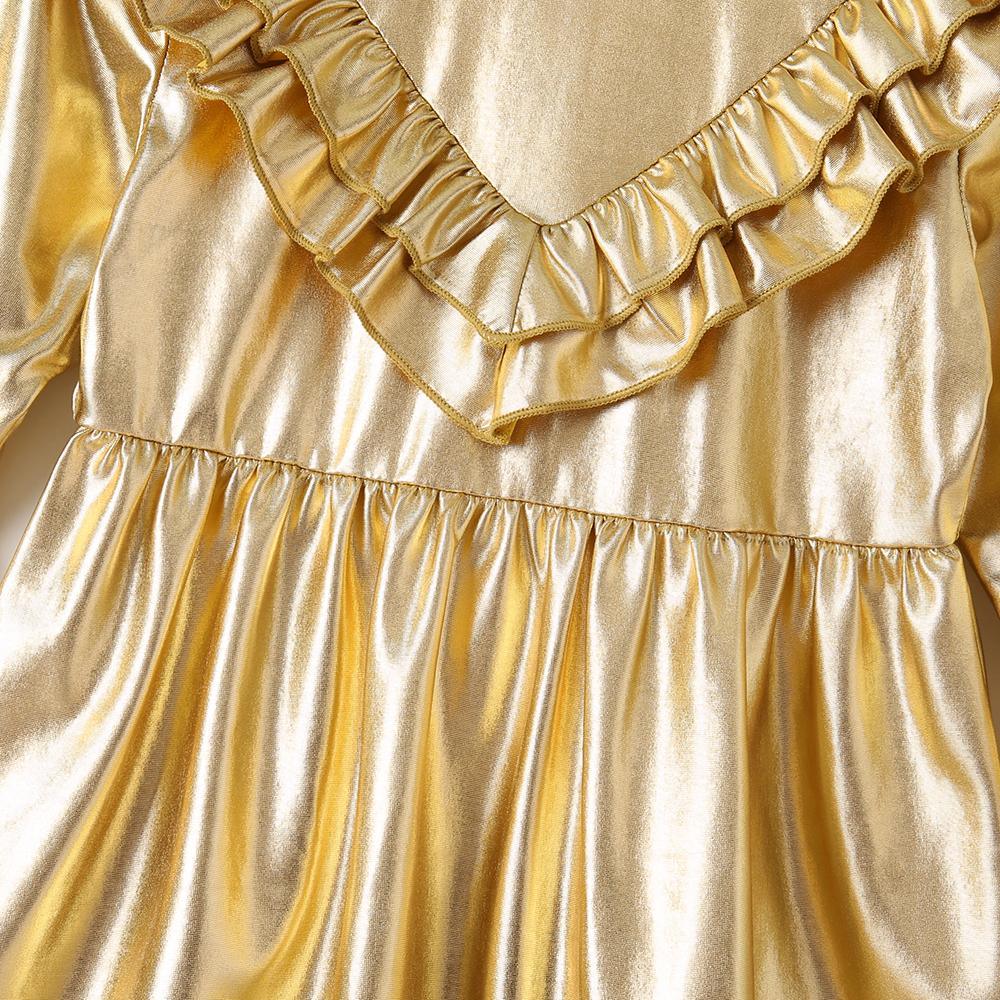 Girls Golden Long Sleeve Solid Color Pleated Dress Wholesale Girl Boutique Clothing - PrettyKid