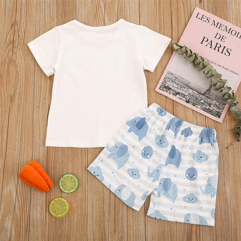 Boys Good Friend Elephant Cartoon Printed Short Sleeve Top & Shorts Wholesale Boys Suits - PrettyKid