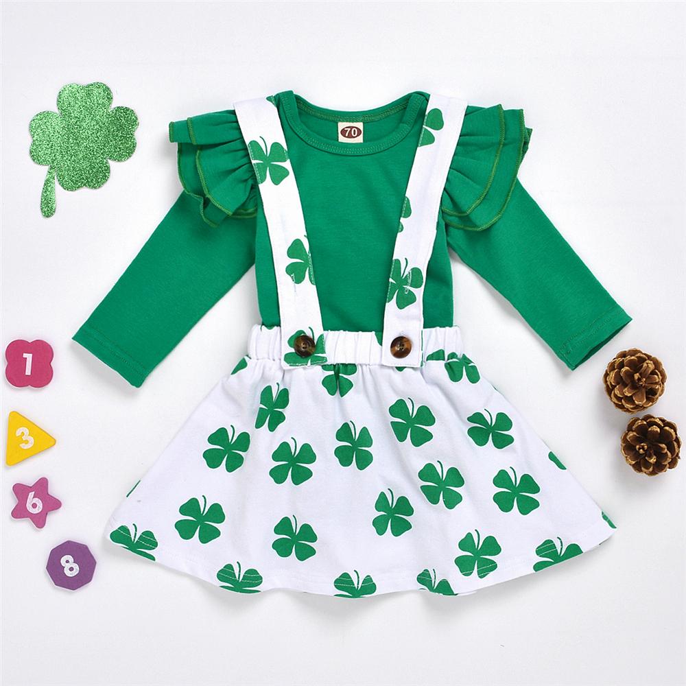 Baby Girls Green Long Sleeve Solid Romper & Leave Printed Suspender Skirt Buy Wholesale Baby Clothes - PrettyKid