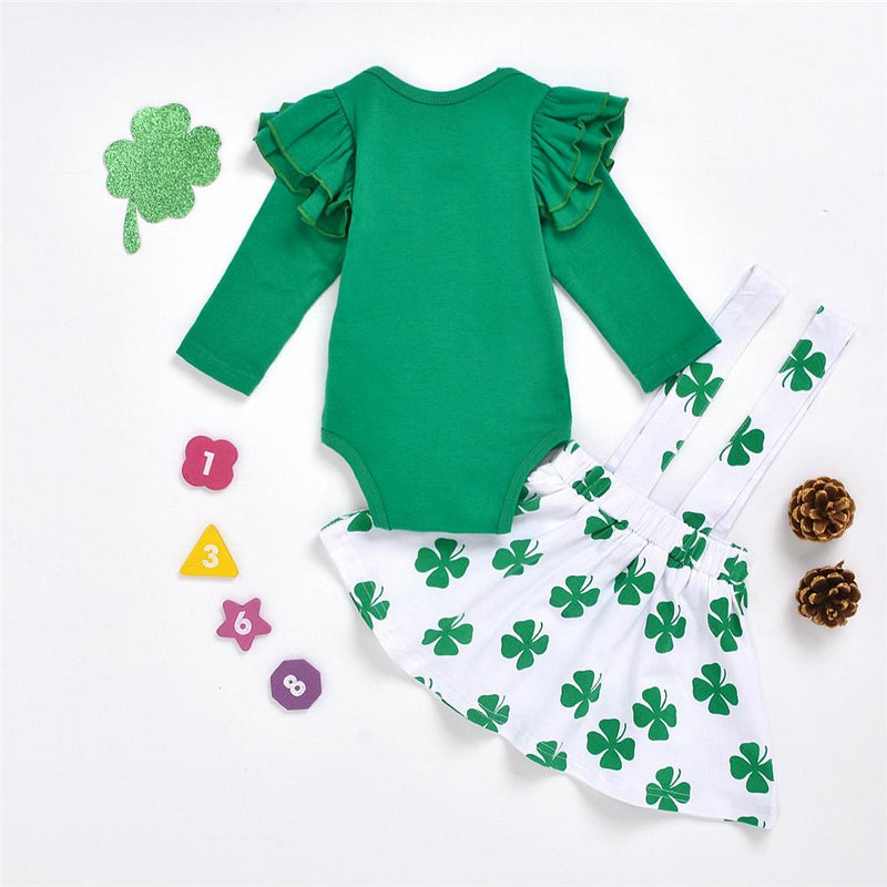Baby Girls Green Long Sleeve Solid Romper & Leave Printed Suspender Skirt Buy Wholesale Baby Clothes - PrettyKid