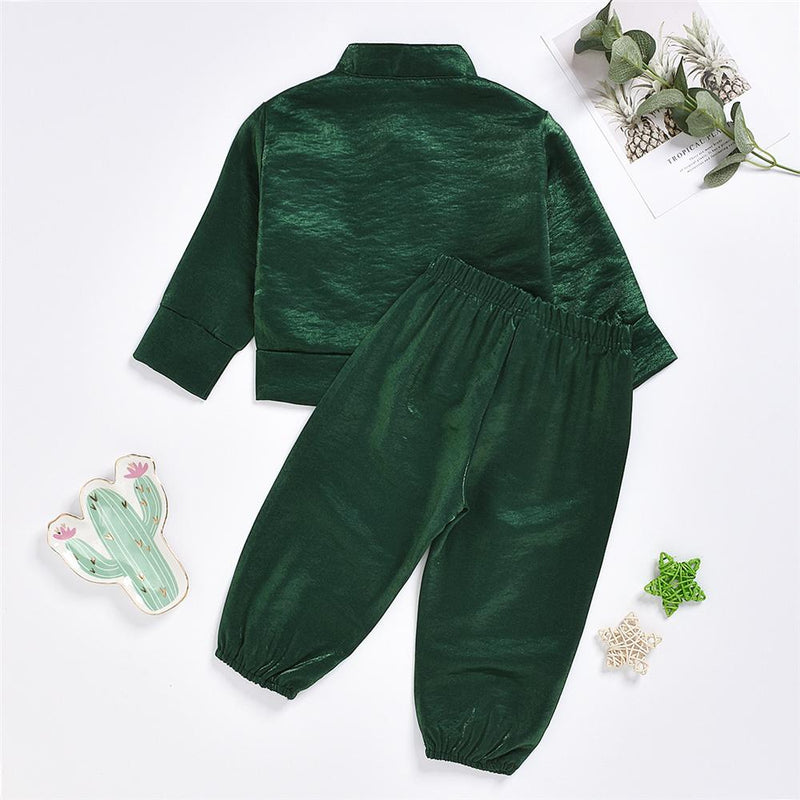 Girls Green Zipper Beaded Long Sleeve Jacket & Pants Wholesale Girl - PrettyKid