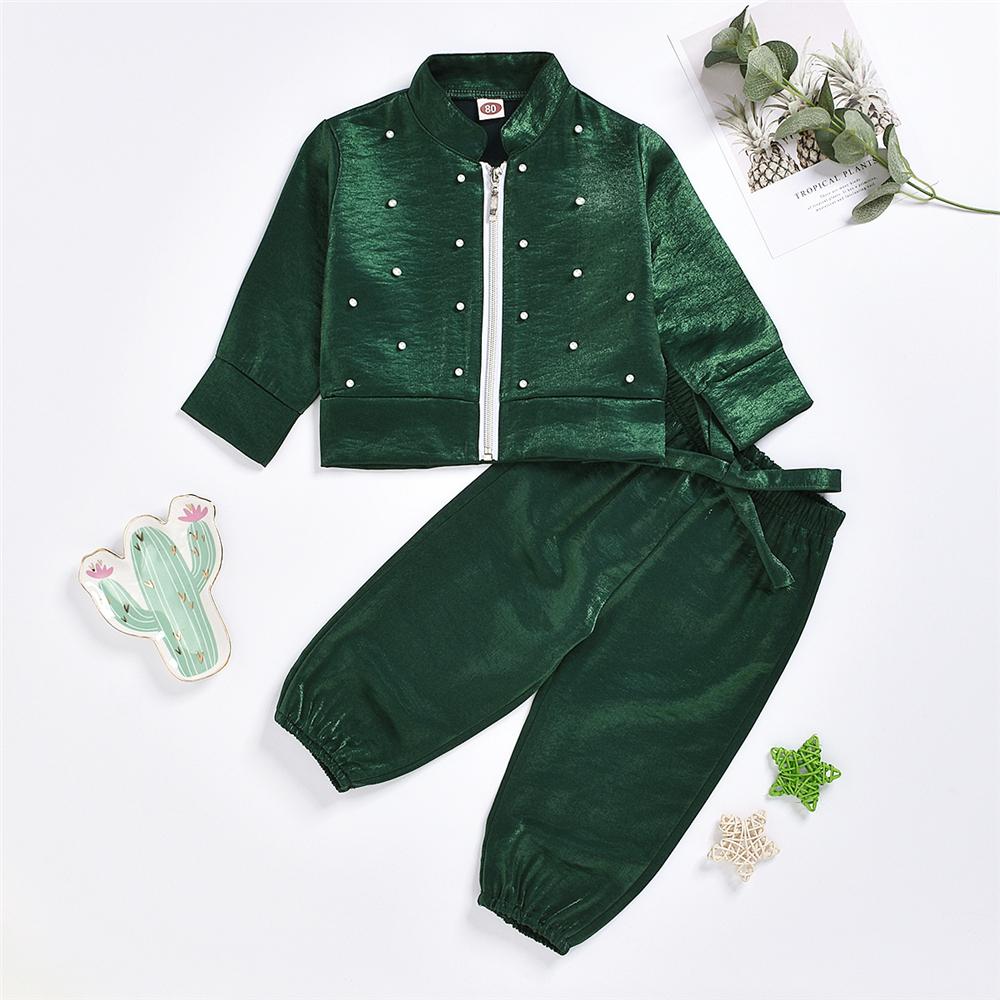 Girls Green Zipper Beaded Long Sleeve Jacket & Pants Wholesale Girl - PrettyKid