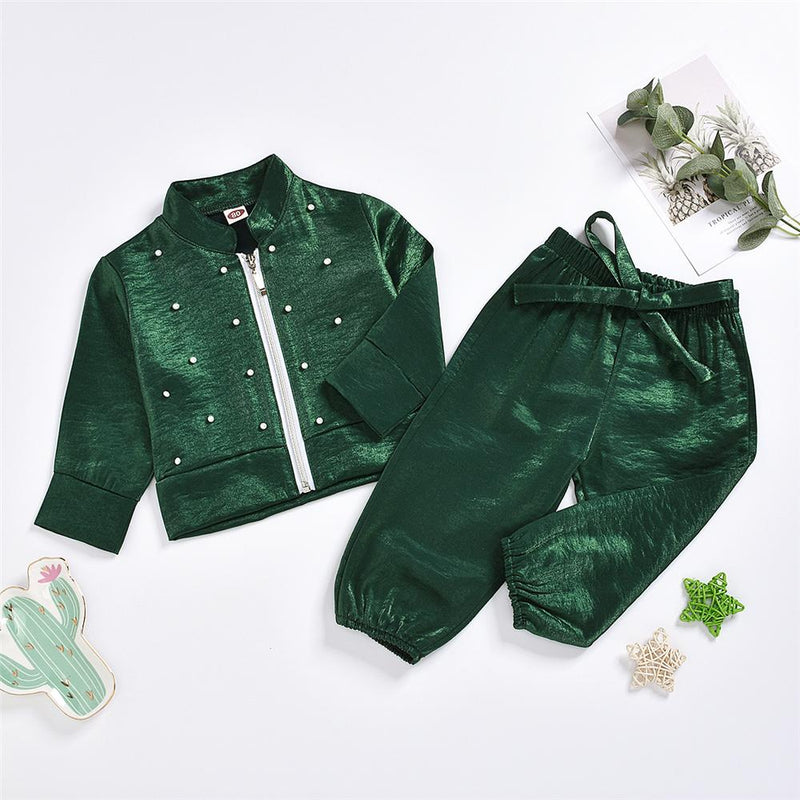 Girls Green Zipper Beaded Long Sleeve Jacket & Pants Wholesale Girl - PrettyKid
