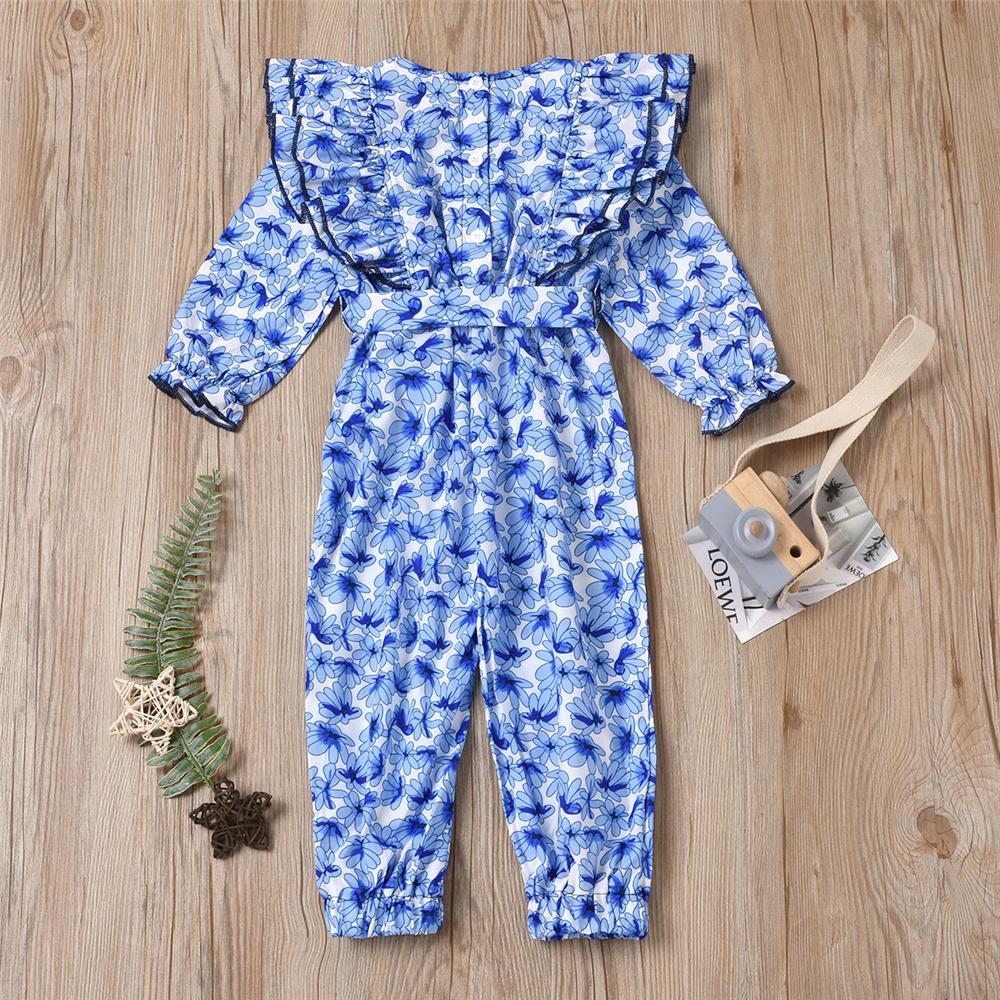 Girls Grew Neck Long Sleeve Printed Ruffled Jumpsuit Toddler Clothing Wholesale - PrettyKid