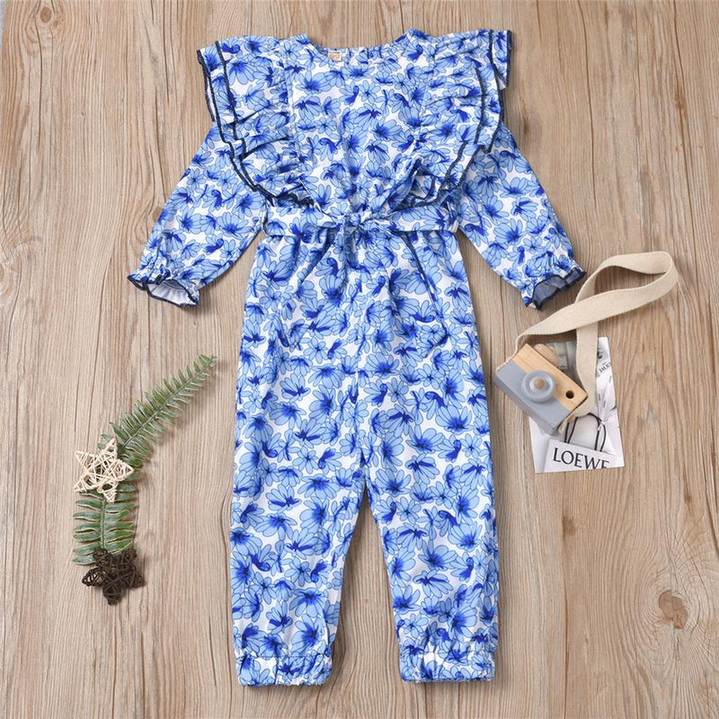 Girls Grew Neck Long Sleeve Printed Ruffled Jumpsuit Toddler Clothing Wholesale - PrettyKid