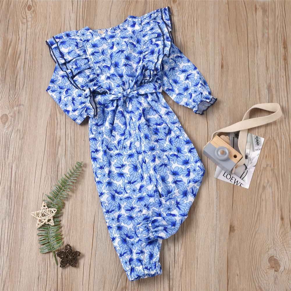 Girls Grew Neck Long Sleeve Printed Ruffled Jumpsuit Toddler Clothing Wholesale - PrettyKid