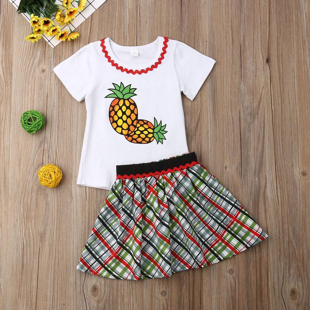 Toddler Girls Pineapple Print Top Plaid Skirt - PrettyKid