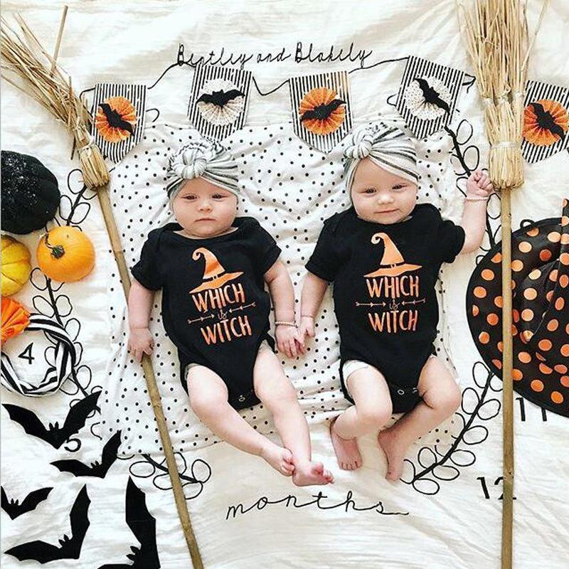 Baby Halloween Letter Cartoon Print Short Sleeve Rompers - PrettyKid