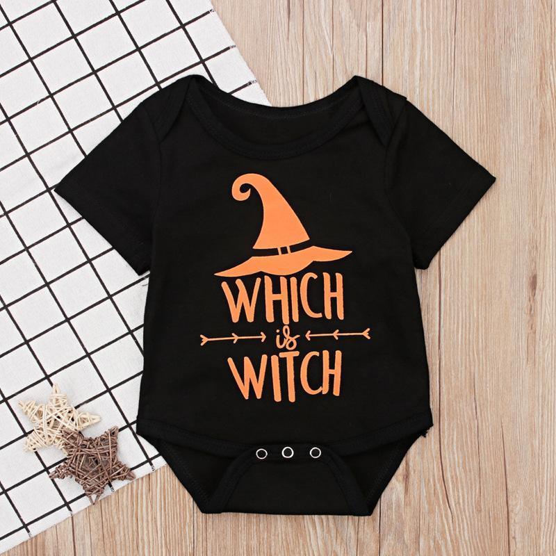 Baby Halloween Letter Cartoon Print Short Sleeve Rompers - PrettyKid