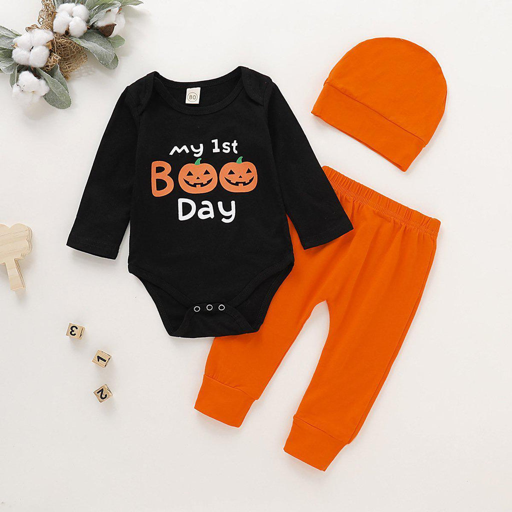 Baby Halloween Letter Print Bodysuit & Pants & Hat - PrettyKid