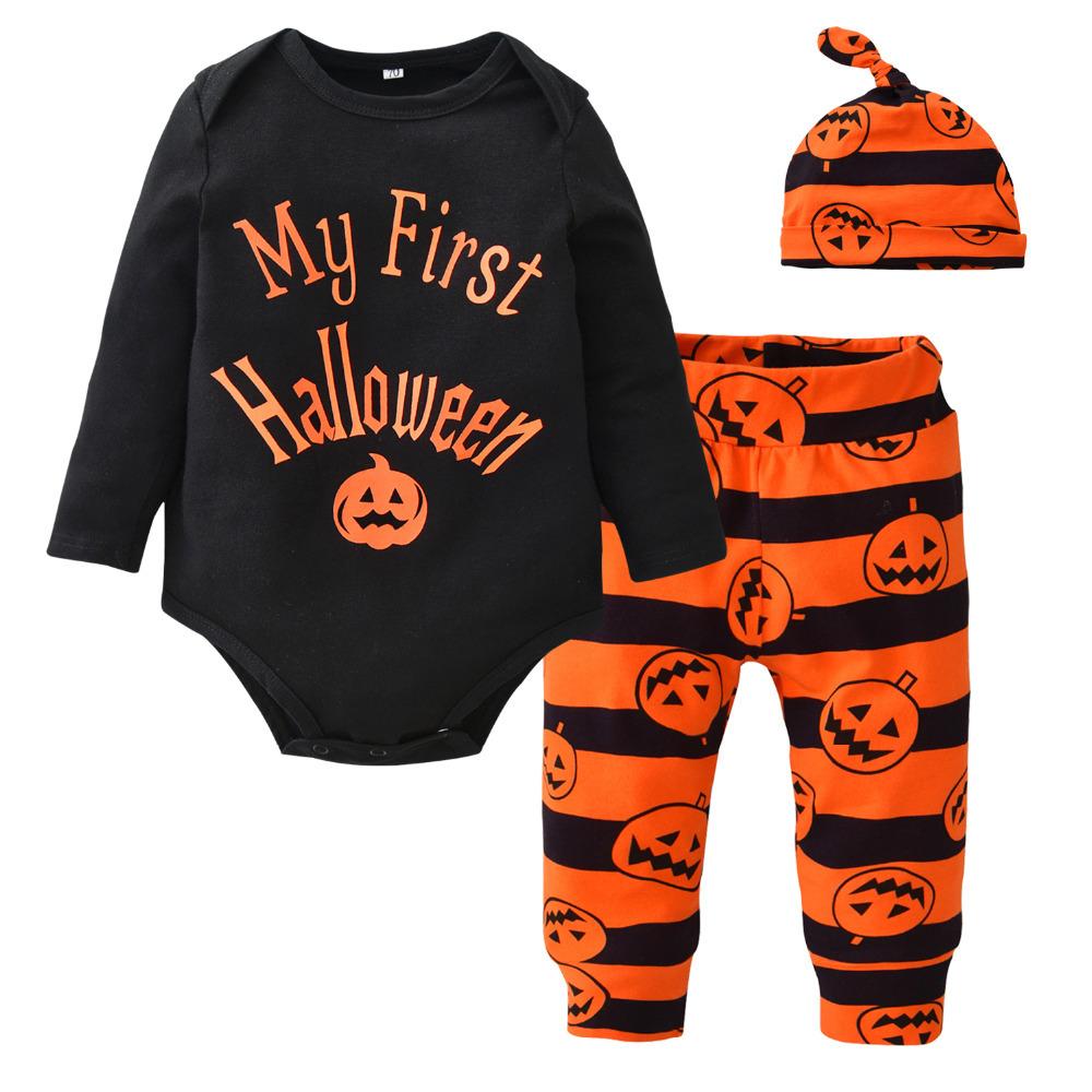 Baby Halloween Letter Print Bodysuit & Stripe Pants & Hat - PrettyKid