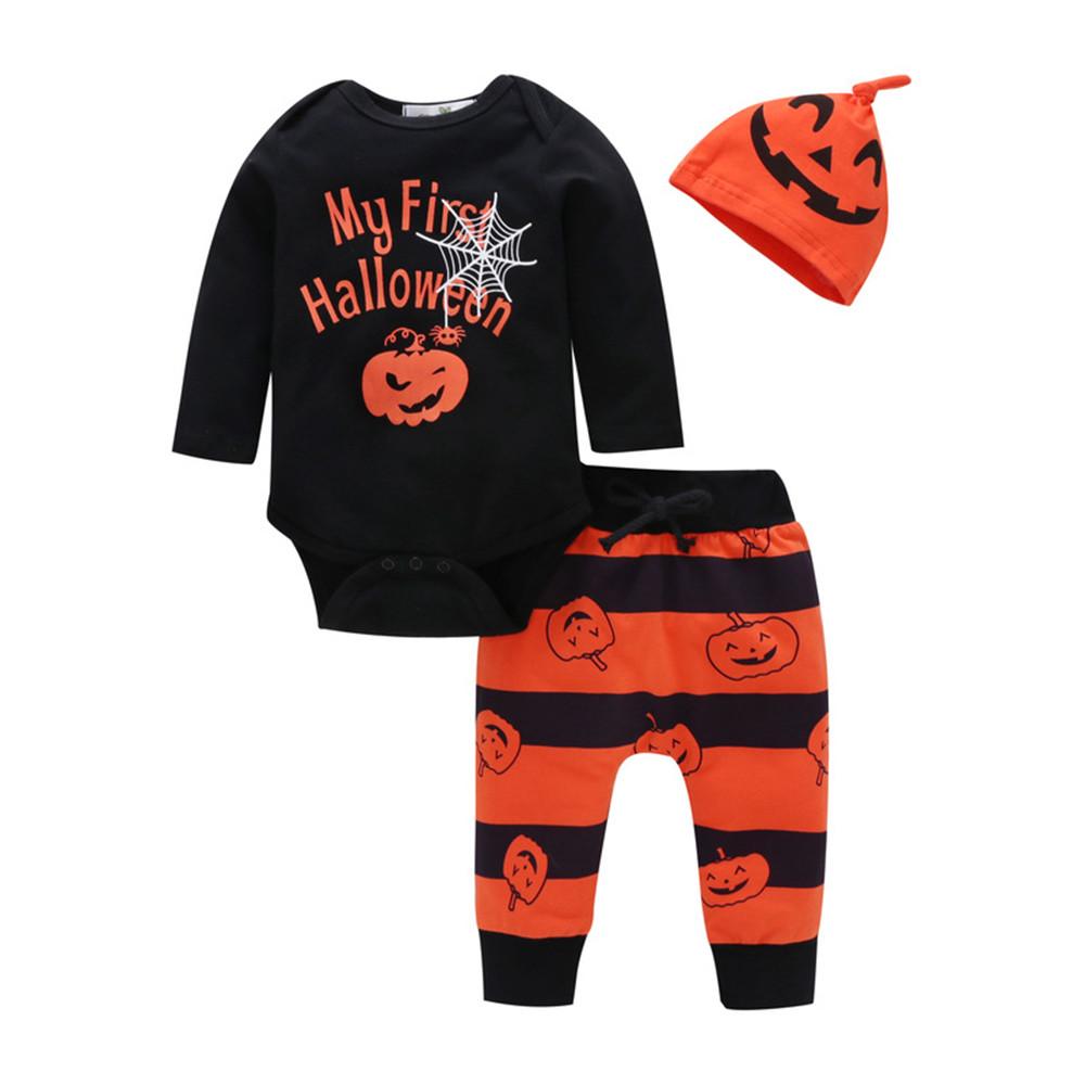 Baby Halloween Letter Print Long Sleeve Romper & Pants & Hat - PrettyKid