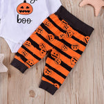 Baby Halloween Letter Print Romper & Stripe Pants & Hat - PrettyKid