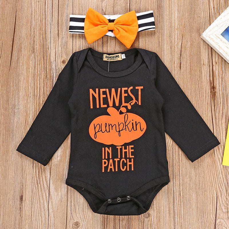 Baby Halloween Letter Print Romper & Headband - PrettyKid