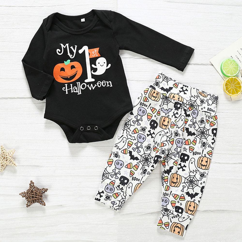 Baby Halloween Letter Print Romper & Pants - PrettyKid