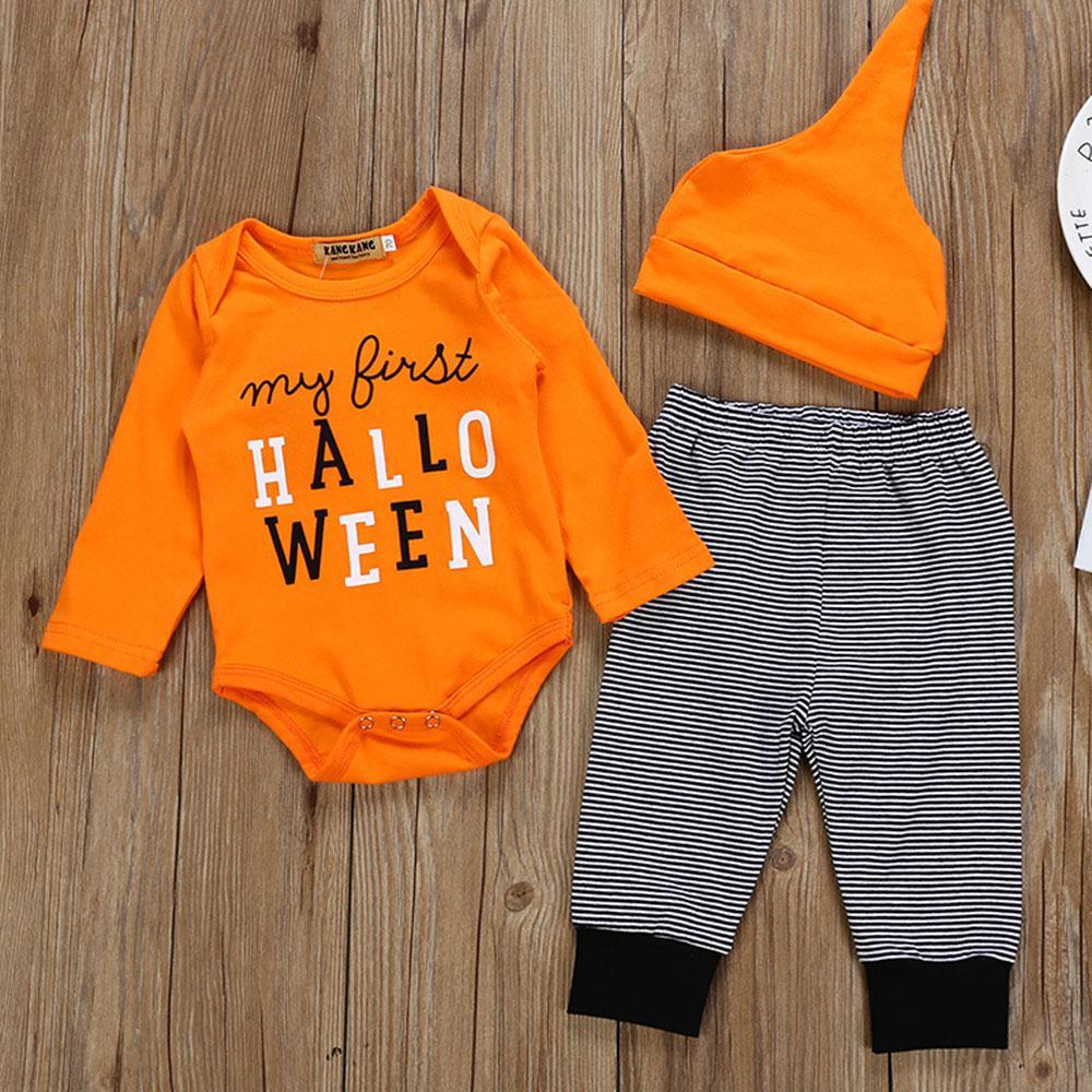 Baby Halloween Letter Print Romper & Stripe Pants & Hat - PrettyKid