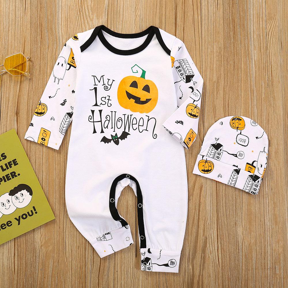 Baby Halloween Letter Print Romper & Hat - PrettyKid