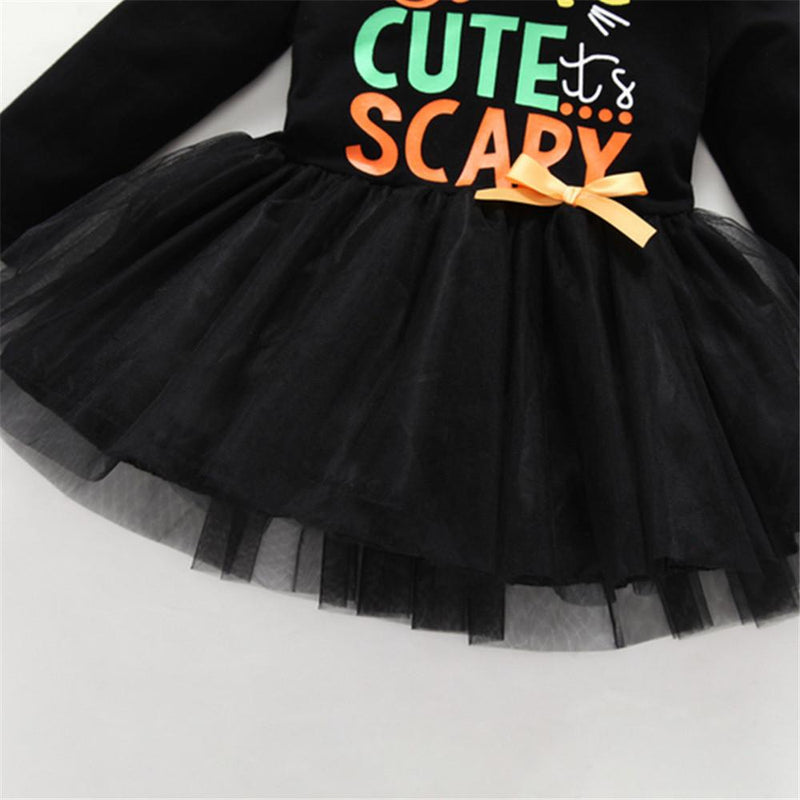 Girls Halloween Letter Printed Hooded Tulle Dress & Polka Dot Trousers - PrettyKid