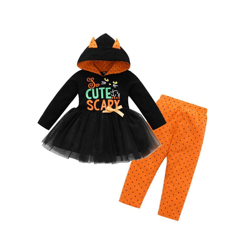 Girls Halloween Letter Printed Hooded Tulle Dress & Polka Dot Trousers - PrettyKid