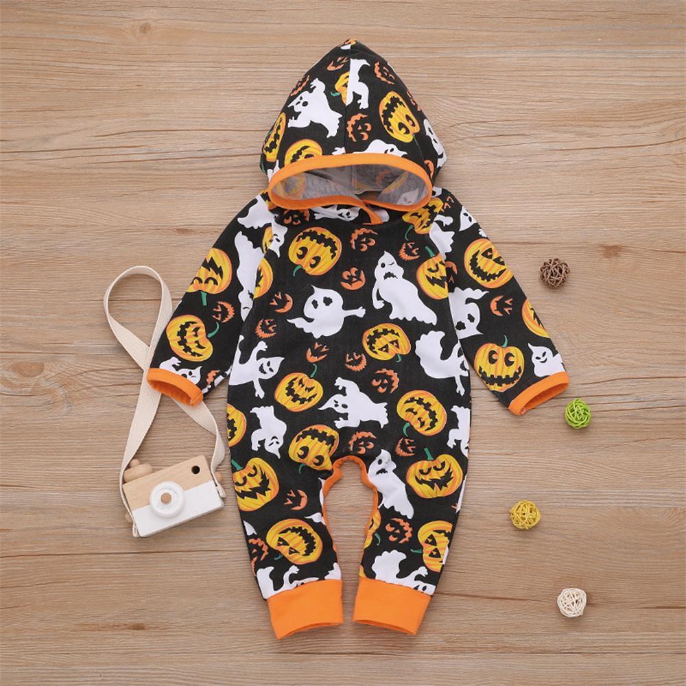 Baby Unisex Halloween Printed Long Sleeve Hooded Romper Wholesale - PrettyKid