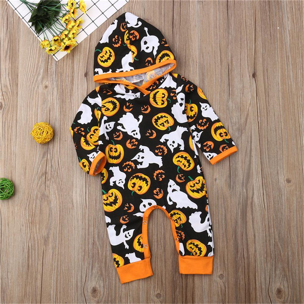 Baby Unisex Halloween Printed Long Sleeve Hooded Romper Wholesale - PrettyKid