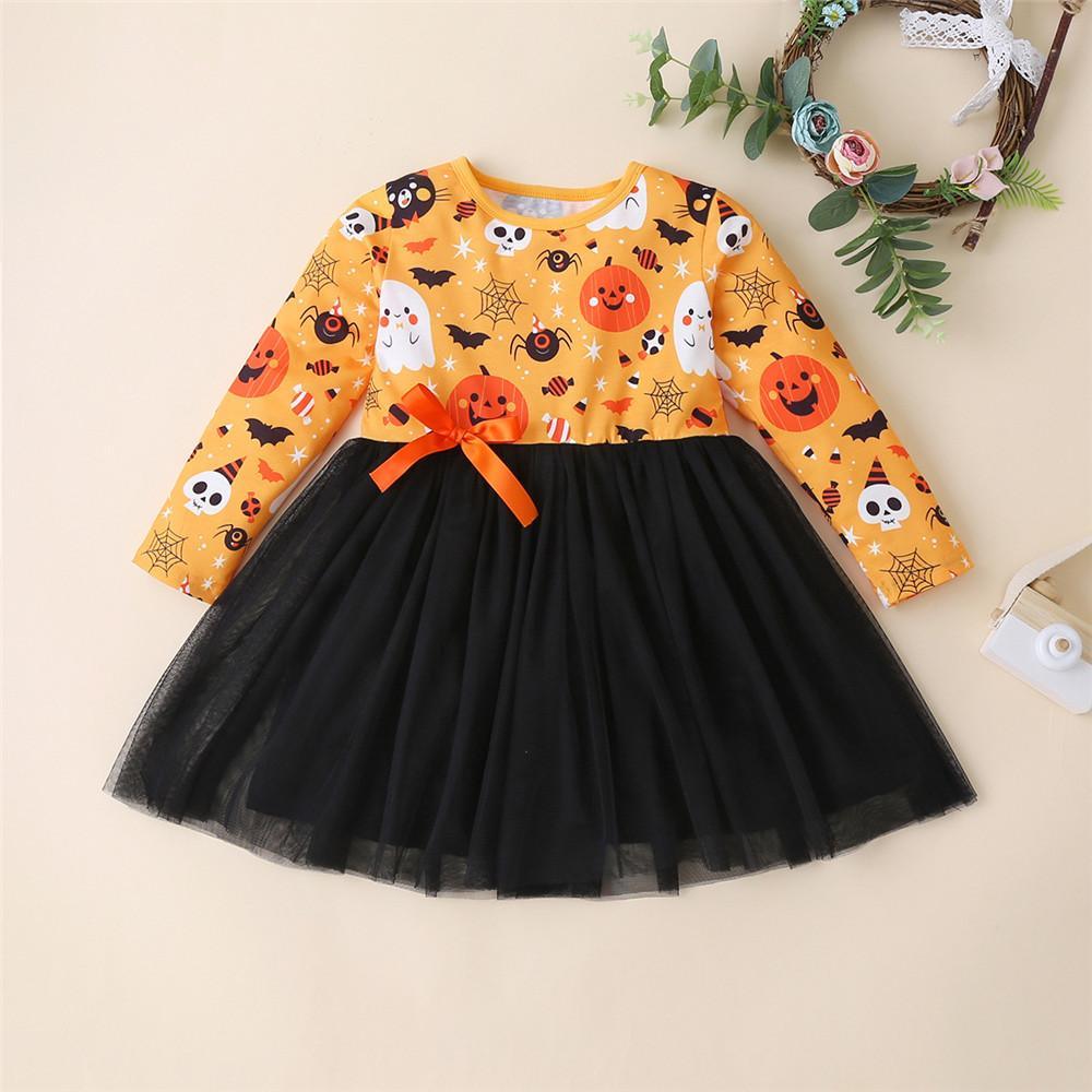 Girls Halloween Printed Long Sleeve Tulle Dress Wholesale Cheap Tutus For Girls - PrettyKid