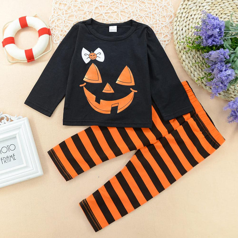 Girls Halloween Pumpkin Long Sleeve T-shirt & Striped Pants - PrettyKid