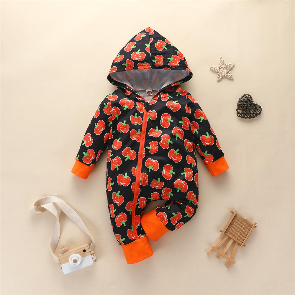 Baby Halloween Pumpkin Long Sleeve Zipper Hooded Jumpsuit - PrettyKid