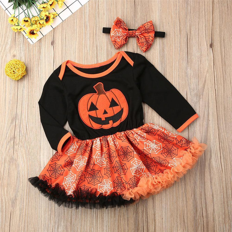 Baby Girls Halloween Pumpkin Printed Tulle Dress Kid Apparel Wholesale - PrettyKid