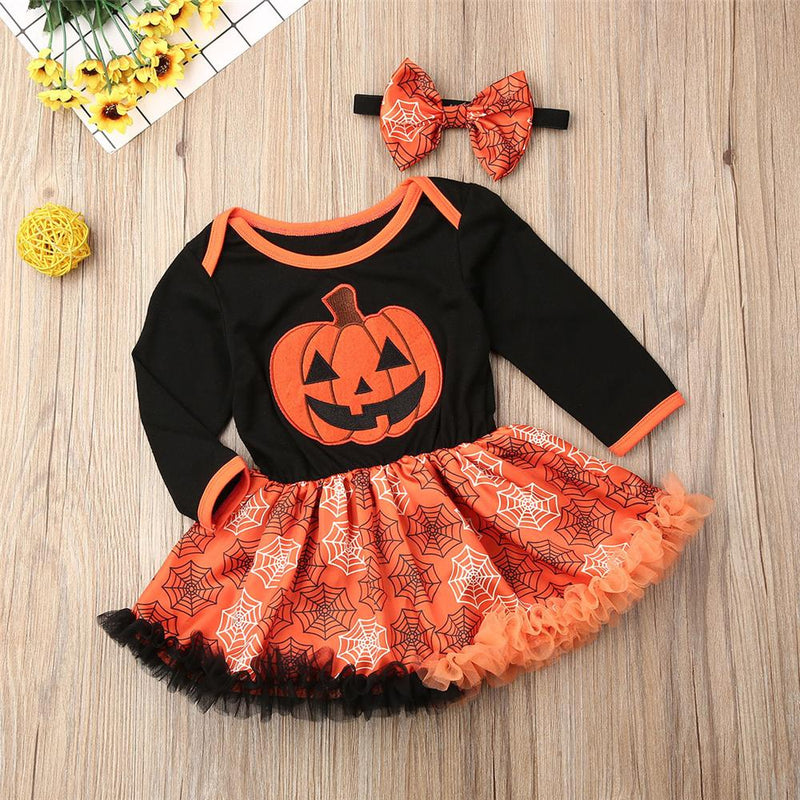 Baby Girls Halloween Pumpkin Printed Tulle Dress Kid Apparel Wholesale - PrettyKid