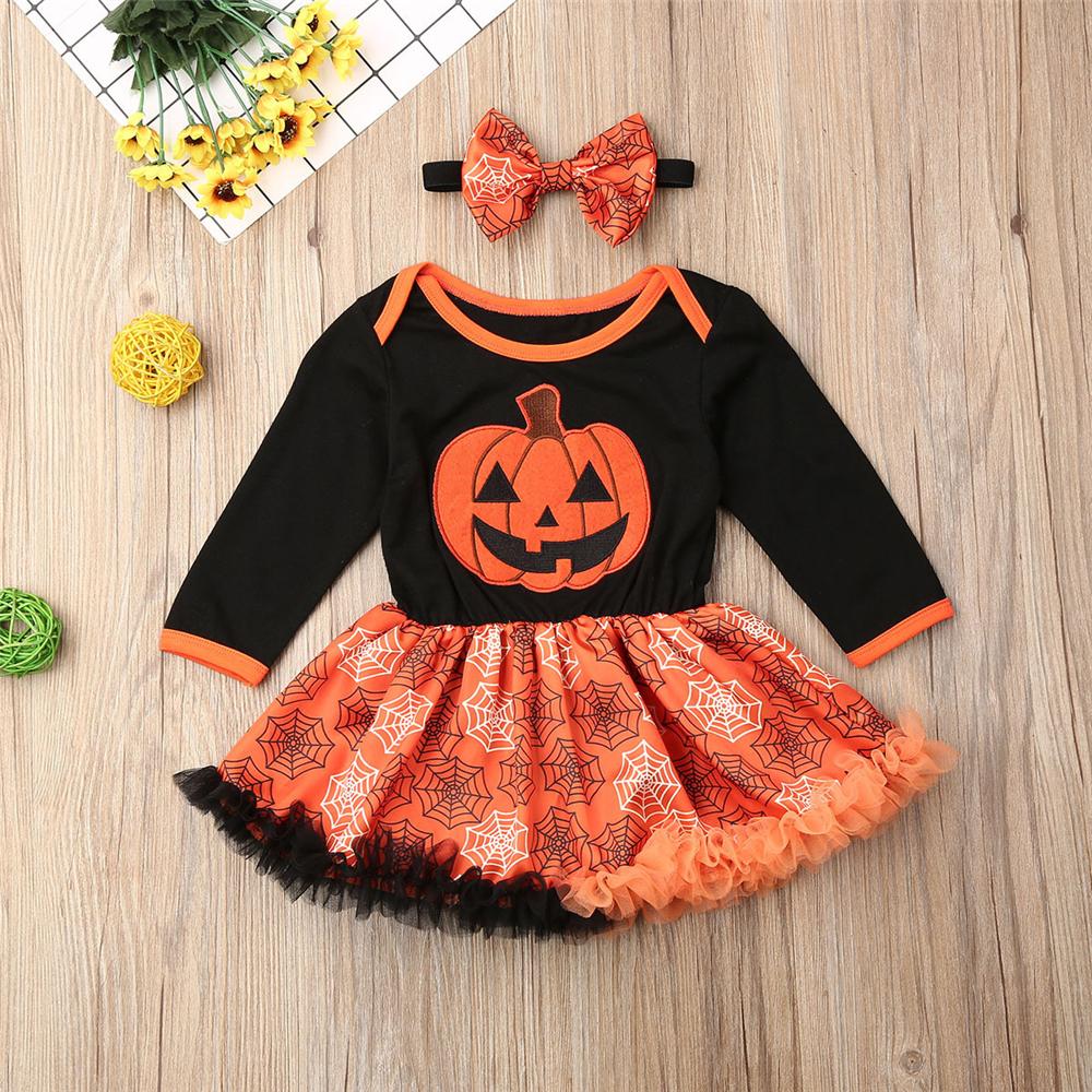 Baby Girls Halloween Pumpkin Printed Tulle Dress Kid Apparel Wholesale - PrettyKid