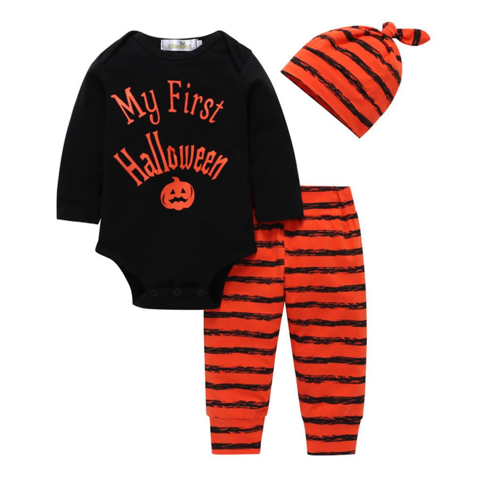Baby Halloween Pumpkin Stripe Long Sleeve Top & Pants & Hat - PrettyKid