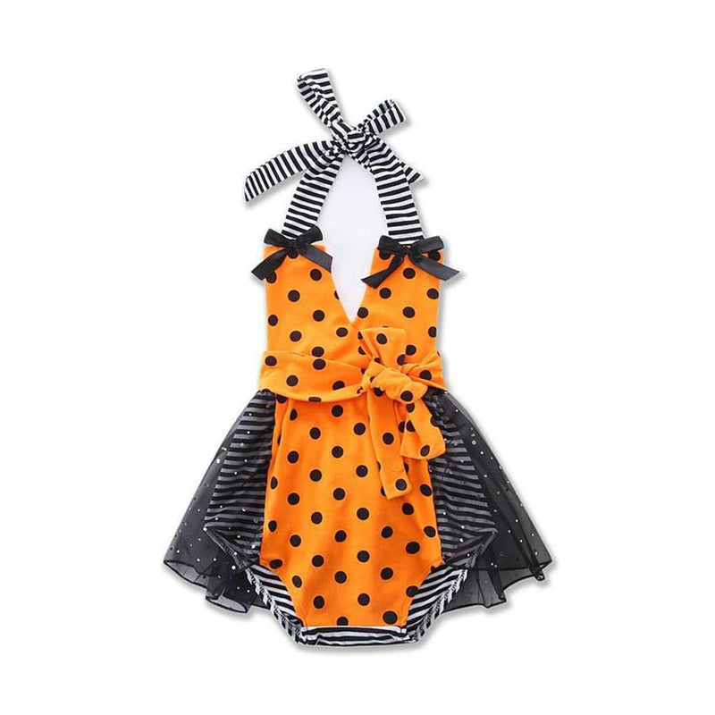 Baby Girl Halloween Yellow Polka Dots Stripe Dress - PrettyKid