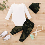 Baby Boys Have Arrived Tie Long Sleeve Romper & Camo Star Printed Pants & Hat Cheap Boutique Baby Clothing - PrettyKid