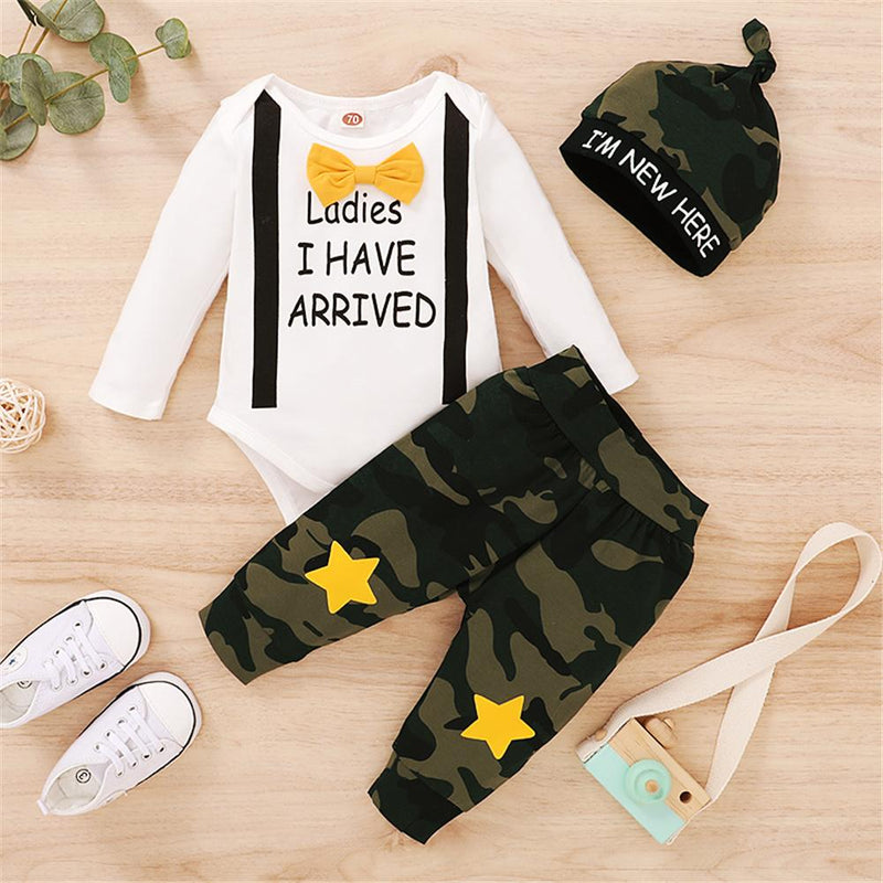 Baby Boys Have Arrived Tie Long Sleeve Romper & Camo Star Printed Pants & Hat Cheap Boutique Baby Clothing - PrettyKid