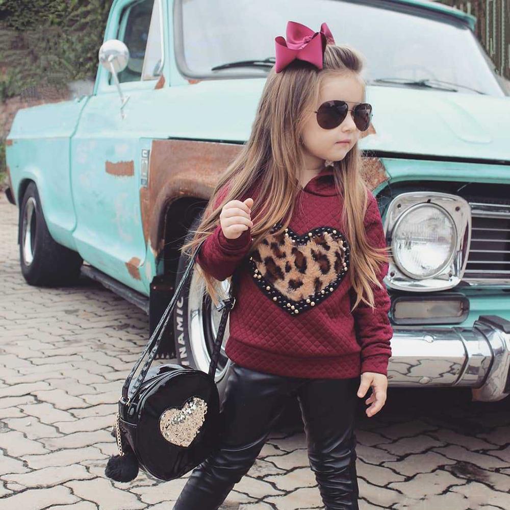 Toddler Girls Heart Beaded Leopard Hooded Top & PU Pants Girl Wholesale - PrettyKid