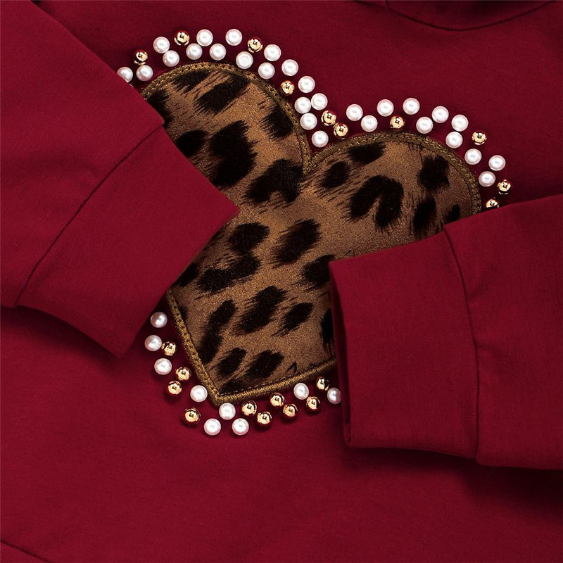 Toddler Girls Heart Beaded Leopard Hooded Top & PU Pants Girl Wholesale - PrettyKid